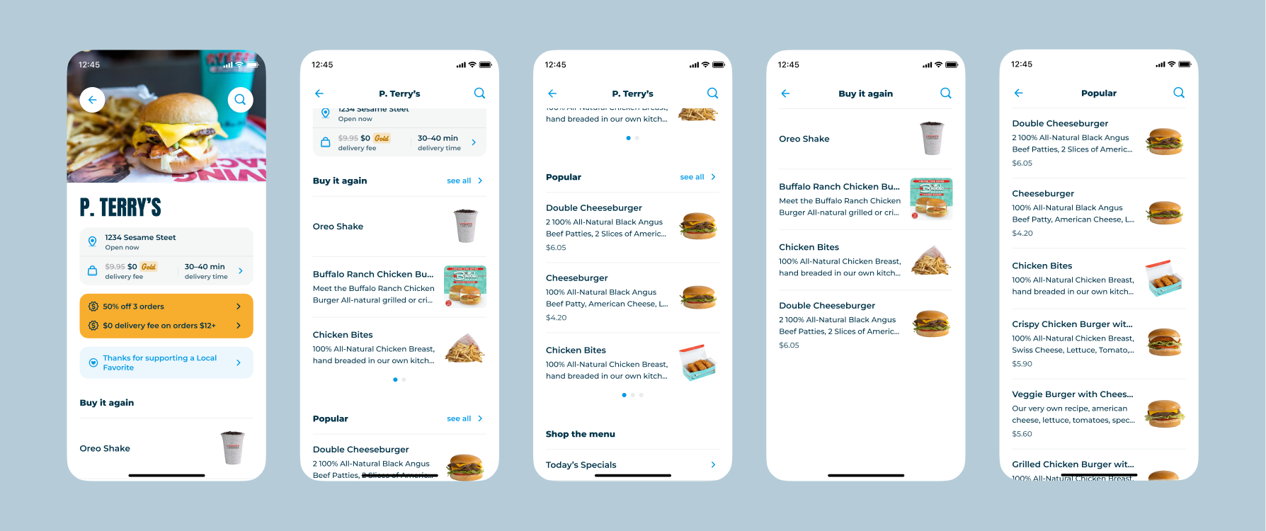 Screenshots of the P. Terry's menu on Favor